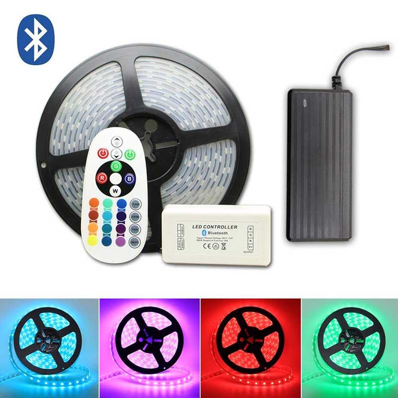 DC12V Bluetooth 32.8ft/10m SMD 5050RGB LED Strip Light Flexible Waterproof IP65 Outdoor with Remote&Controller and Power Supply